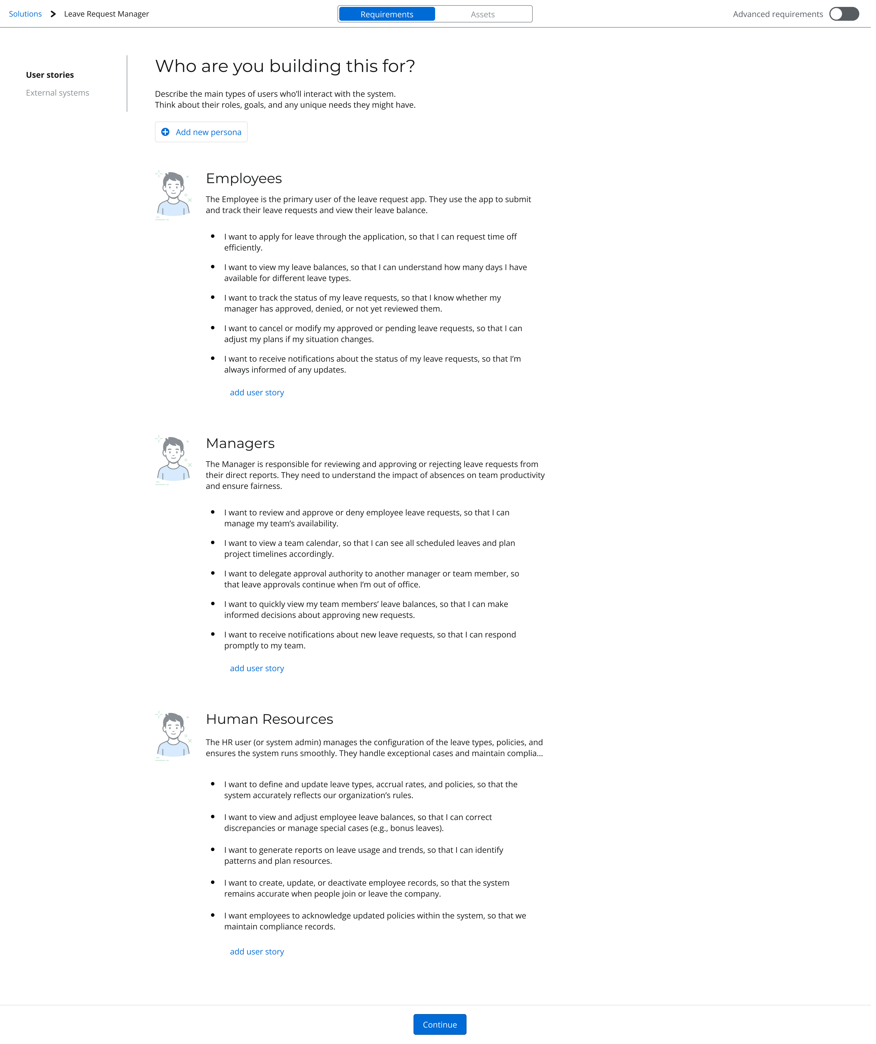 Generated user personas and stories