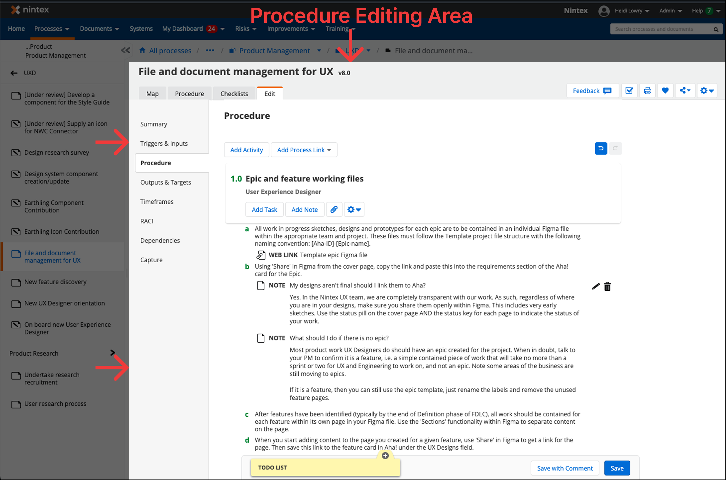 Legacy procedure editing interface showing outdated visual design, bloated UI, and unclear hierarchy