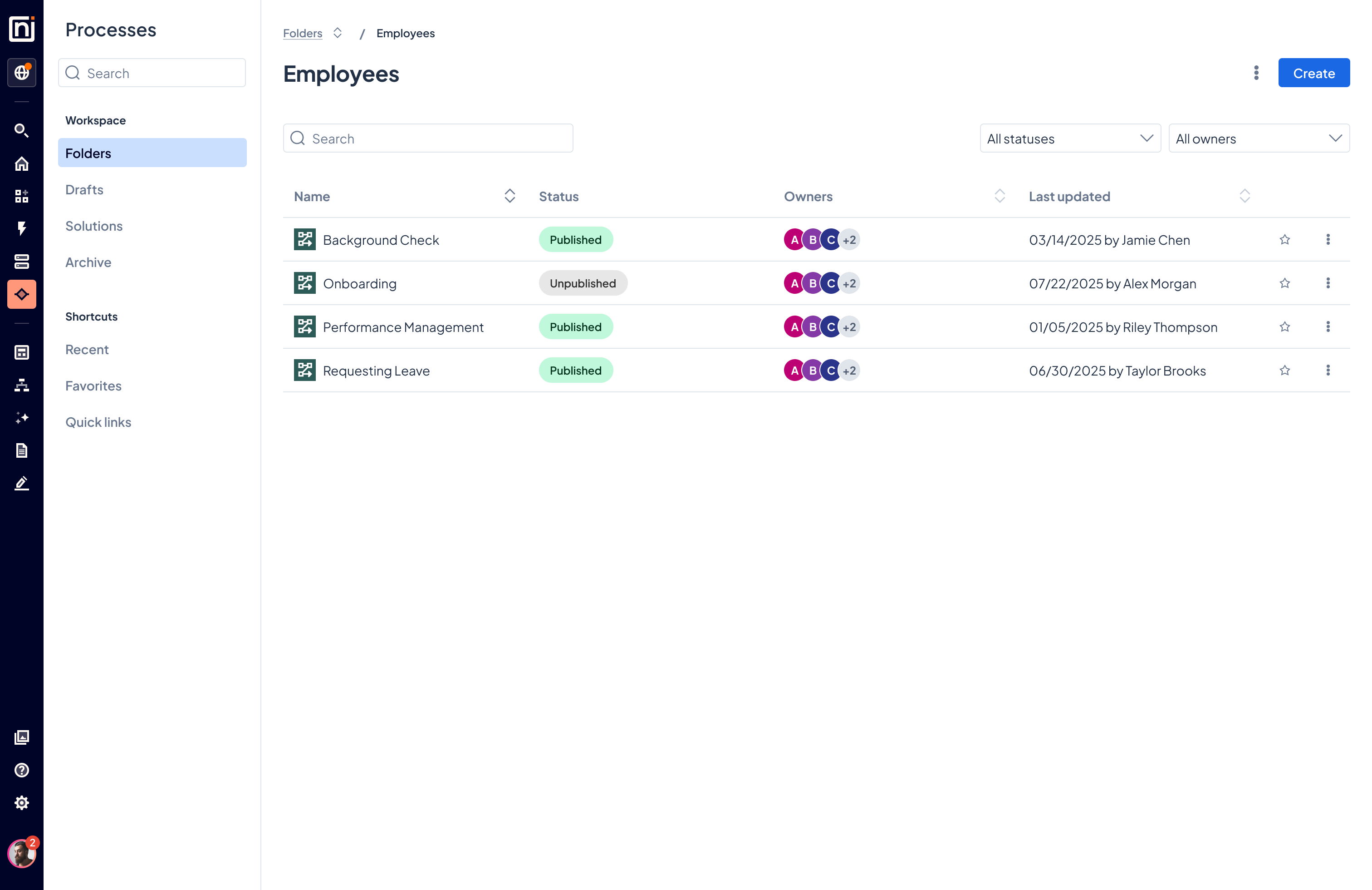 Employees folder showing process list